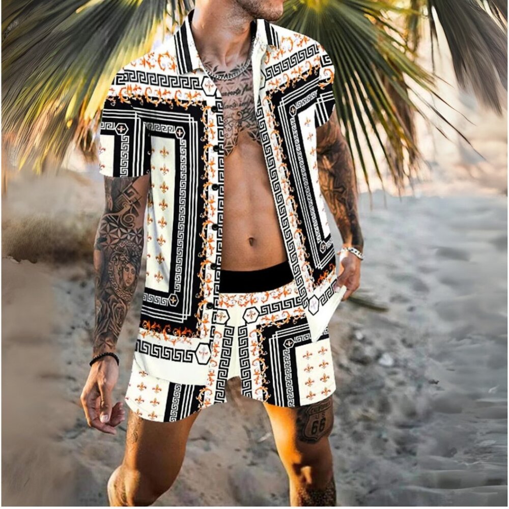 Men's Black & White Print Collared Neck Short Sleeve Top & Shorts Resort Outfit